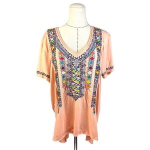 Johnny Was Embroidered T-shirt Womens Size Large Bohemian Western Lightweight